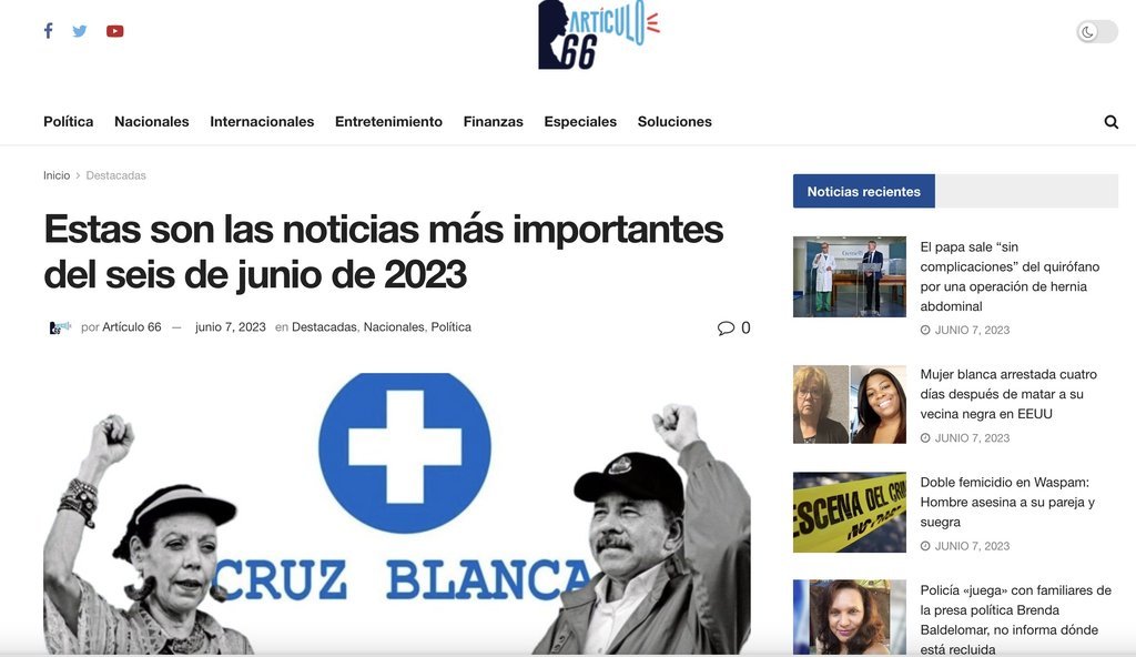 Screenshot of the Articulo 66 website