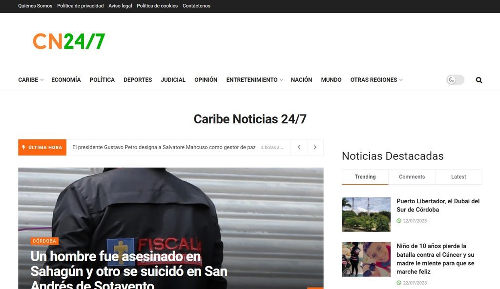 Screenshot of the Caribe Noticias 24/7 website