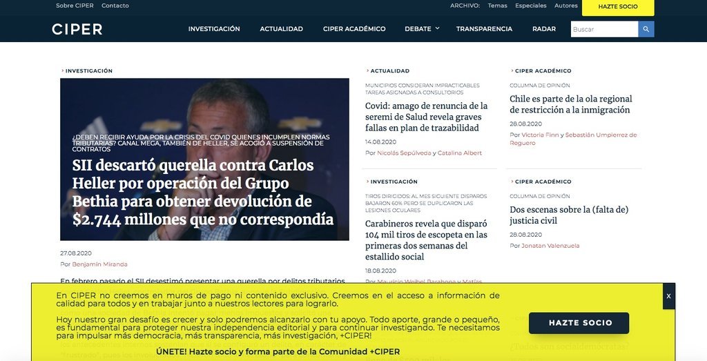 Screenshot of the Ciper Chile website