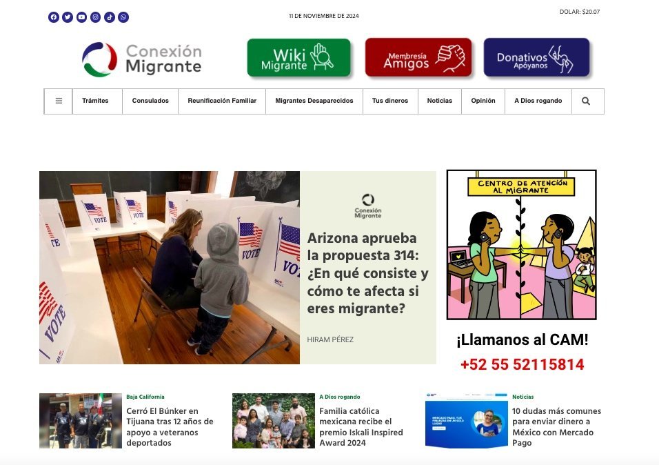 Screenshot of the Conexion Migrante website