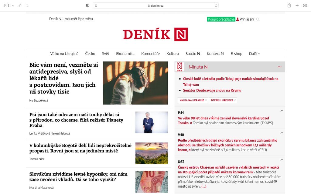 Screenshot of the Deník N website