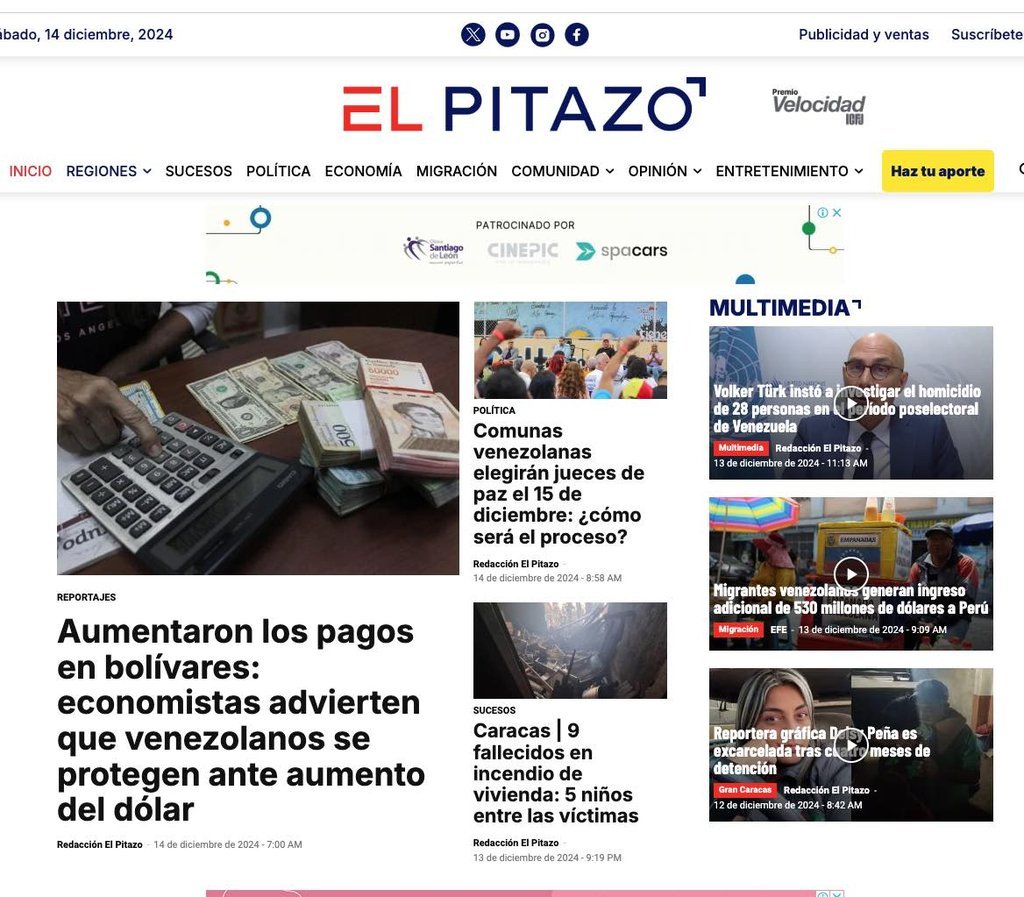Screenshot of the El Pitazo website
