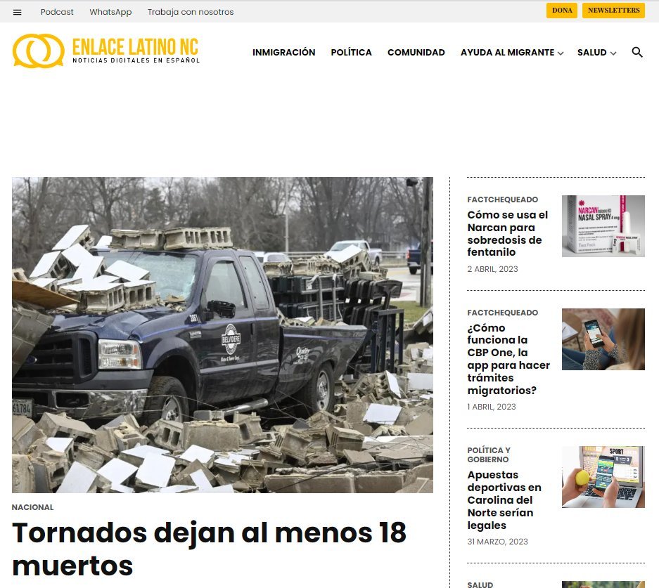 Screenshot of the Enlace Latino Nc website