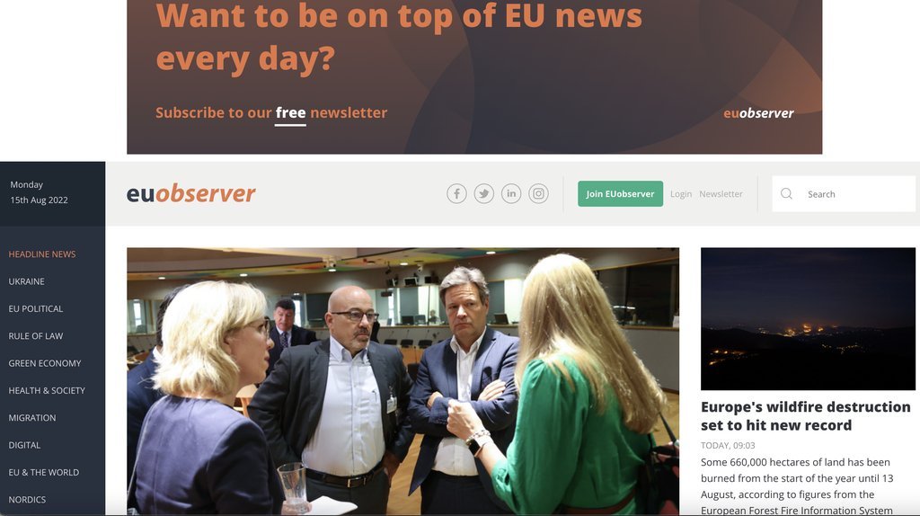 Screenshot of the EUobserver website