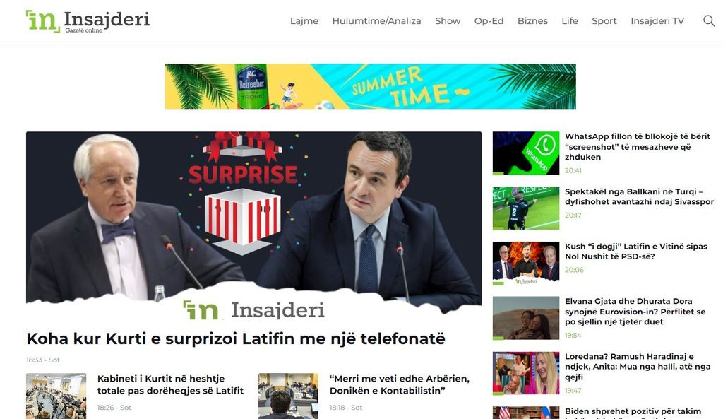 Screenshot of the Insajderi website