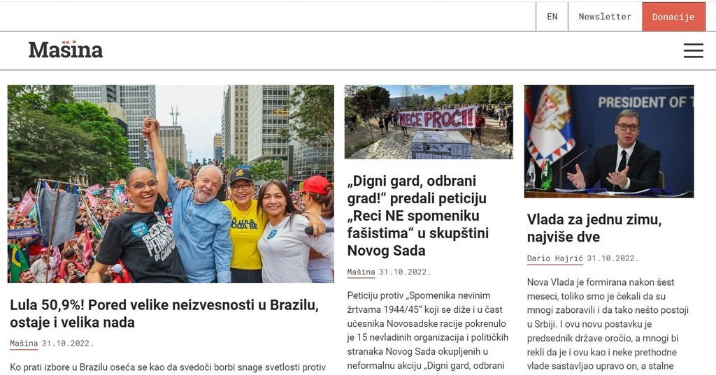 Screenshot of the Mašina website