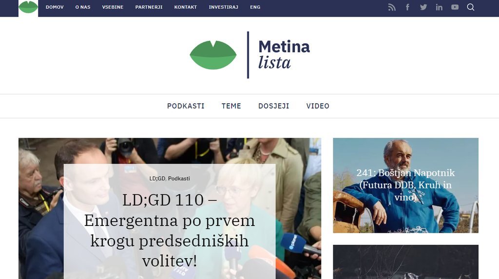 Screenshot of the Metina lista website