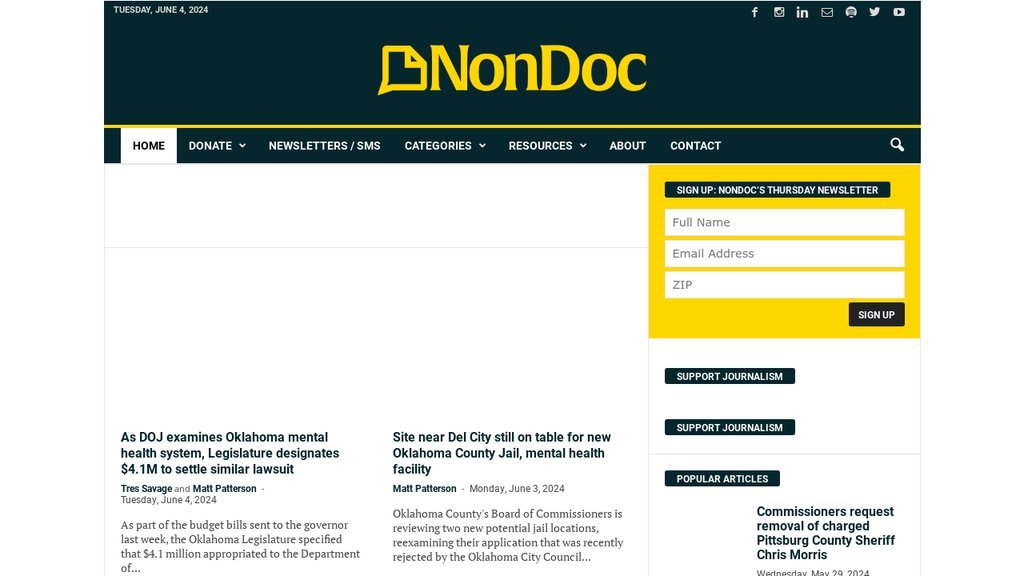 Screenshot of the NonDoc Media (DBA of the Sustainable Journalism Foundation) website