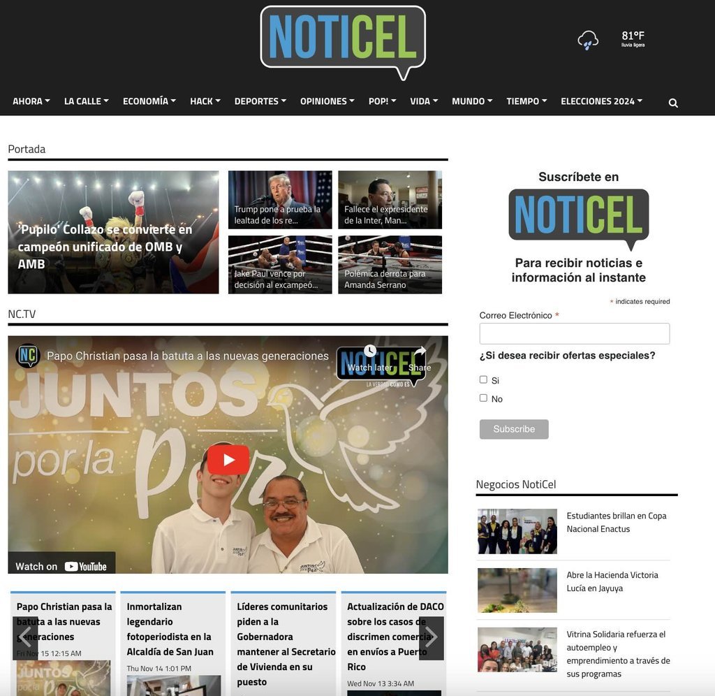 Screenshot of the Noticel website