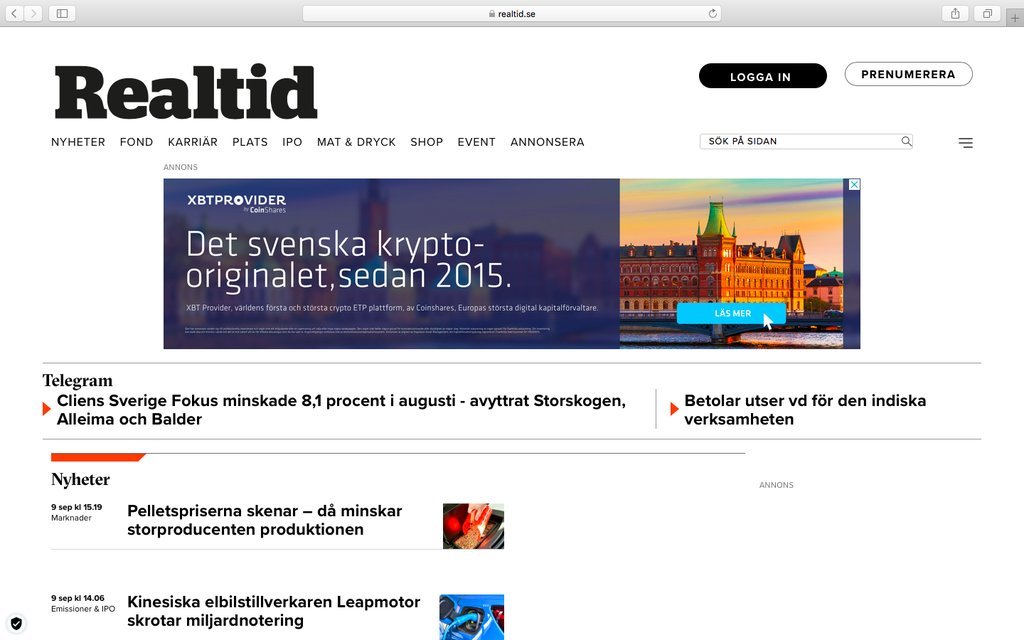 Screenshot of the Realtid website