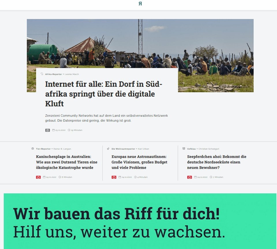 Screenshot of the RiffReporter website